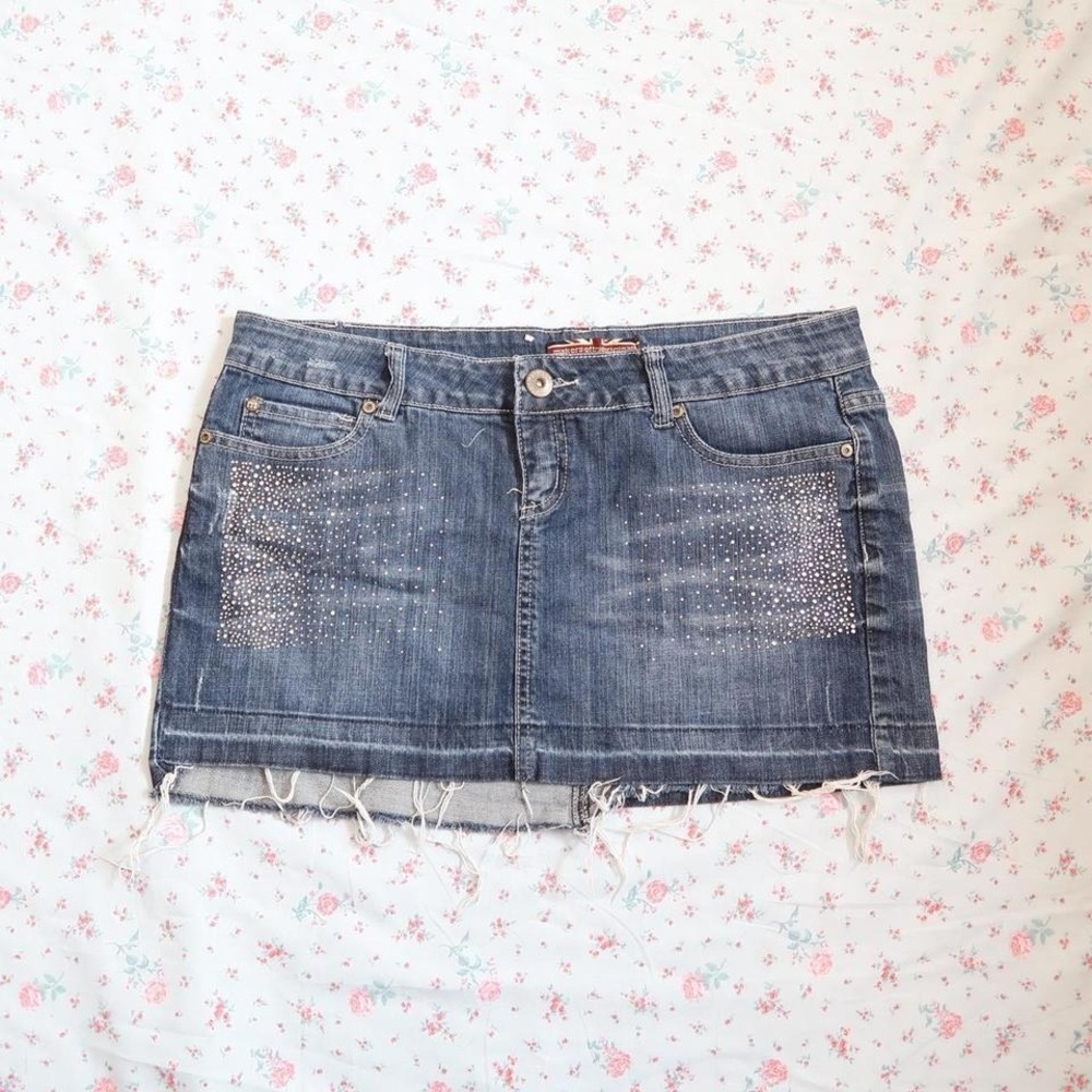 rhinestone denim mini skirt y2k mcbling raw hem jean skirt - Picture 5 of 6